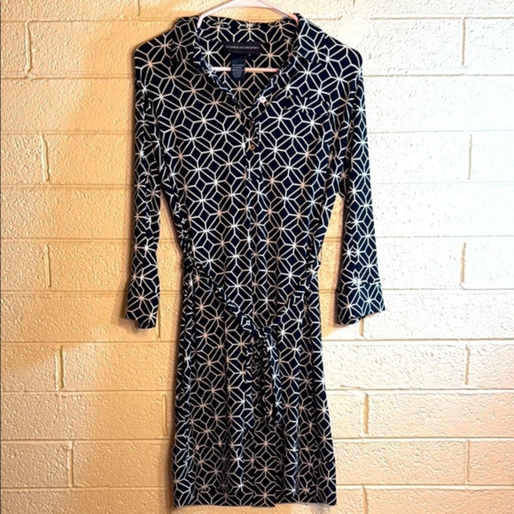Donna Morgan Black and White Sheath Dress with Cowl Neck
